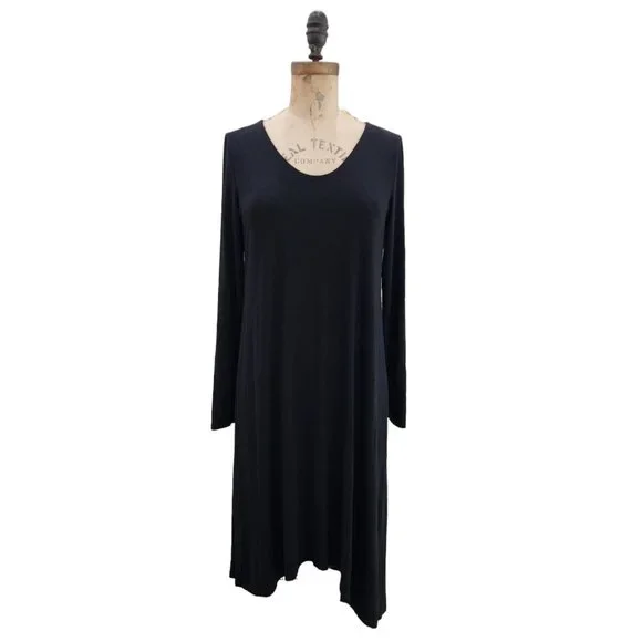 Eileen Fisher | Dresses | Eileen Fisher Asymmetrical Hem Long Sleeve Scoop  Neck Dress Black S Euc | Poshmark
